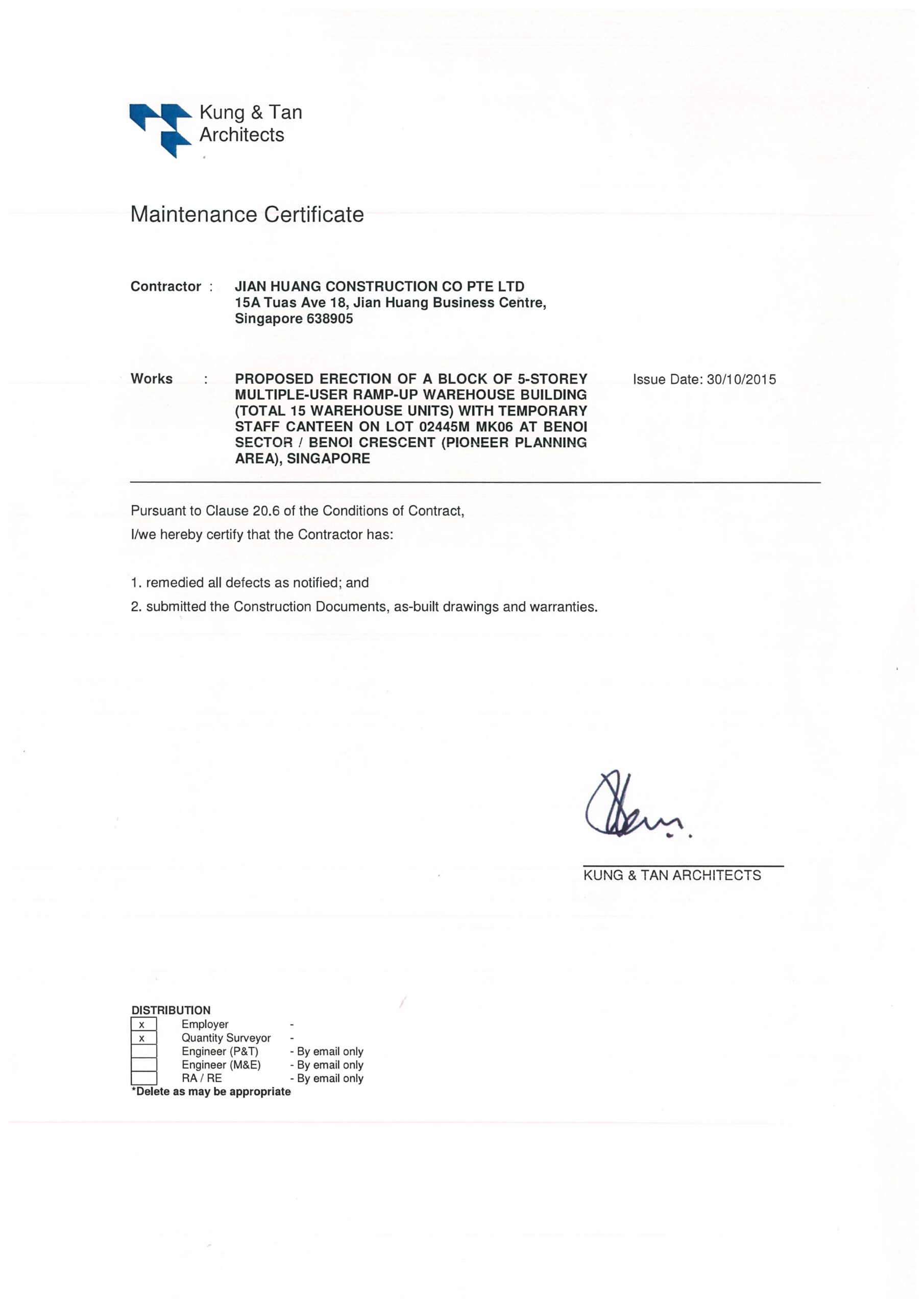 Maintenance Certificate Obtained – Benoi Crescent Project