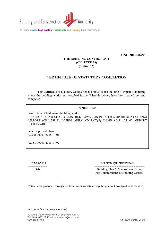 Certificate of Statutory Completion – R3 Tower at Changi Airport
