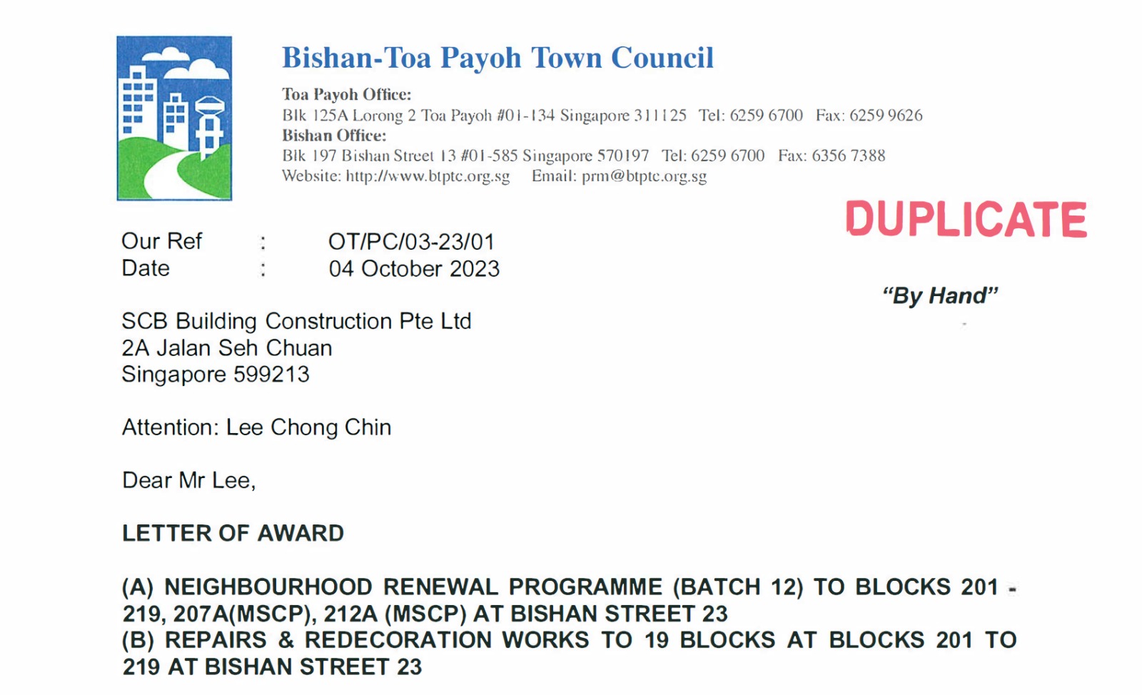 Neighbourhood Renewal Programme (Batch 12) to Blocks 201 – 219, 207A (MSCP), 212A (MSCP) at Bishan Street 23